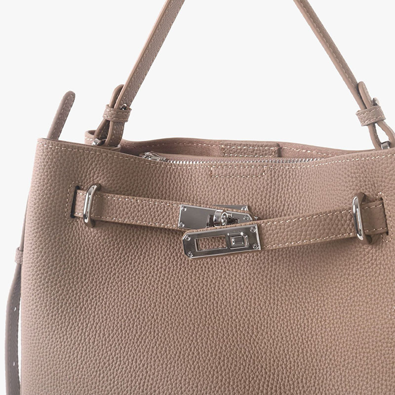 Women's Full-Grain Leather Pebbled Lock Shoulder Crossbody Bucket Handbag