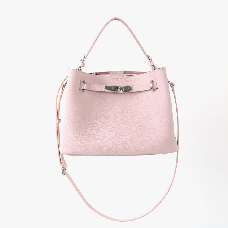 Women's Full-Grain Leather Pebbled Lock Shoulder Crossbody Bucket Handbag