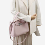 Women's Full-Grain Leather Pebbled Lock Shoulder Crossbody Bucket Handbag
