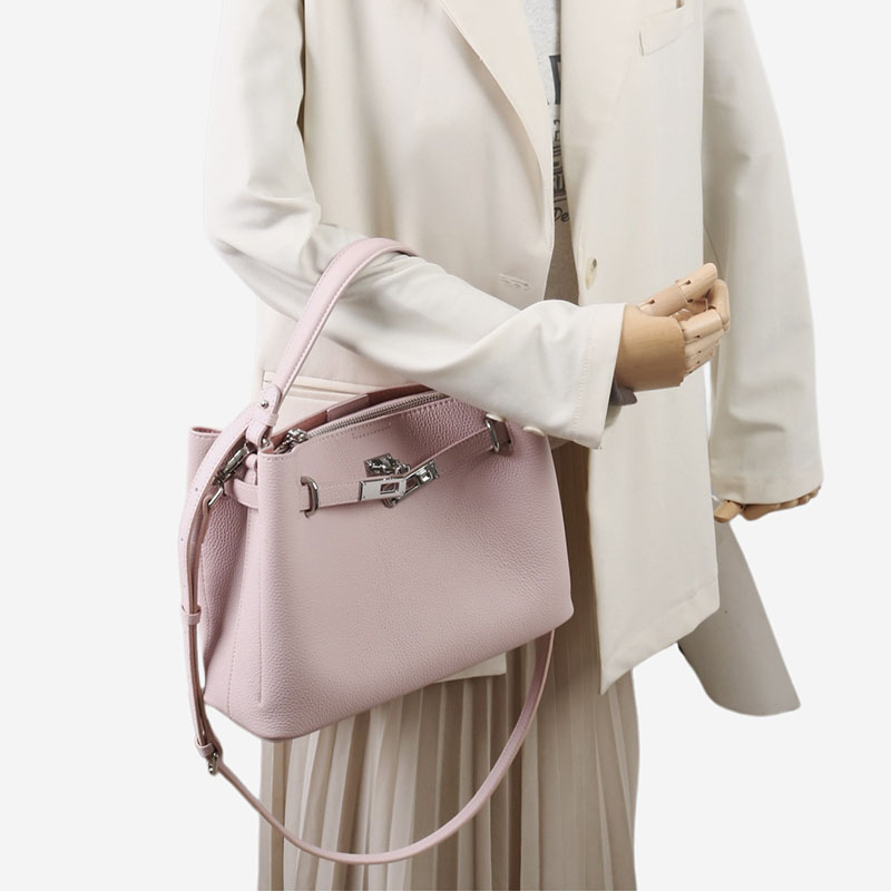 Women's Full-Grain Leather Pebbled Lock Shoulder Crossbody Bucket Handbag