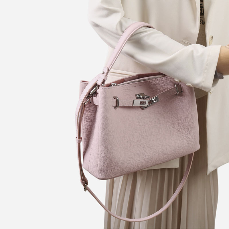Women's Full-Grain Leather Pebbled Lock Shoulder Crossbody Bucket Handbag