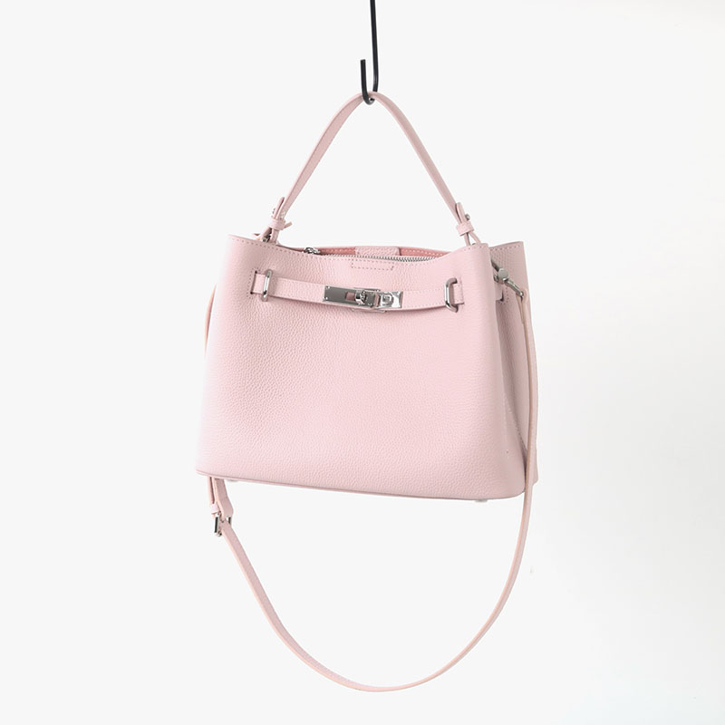 Women's Full-Grain Leather Pebbled Lock Shoulder Crossbody Bucket Handbag