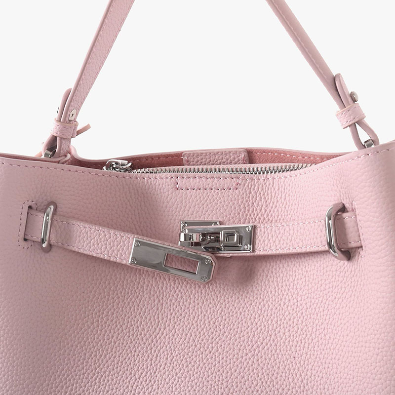 Women's Full-Grain Leather Pebbled Lock Shoulder Crossbody Bucket Handbag