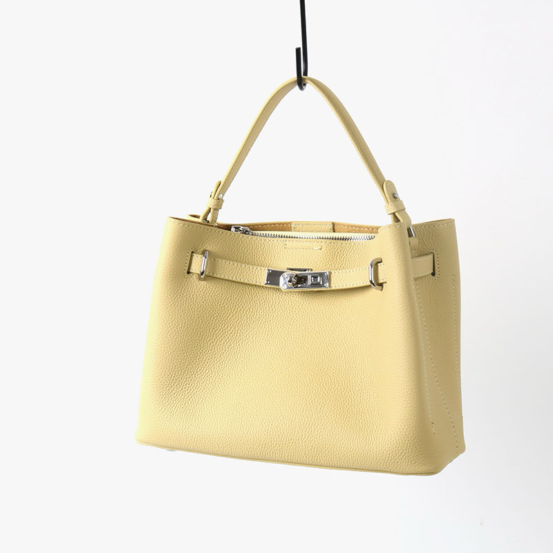 Women's Full-Grain Leather Pebbled Lock Shoulder Crossbody Bucket Handbag