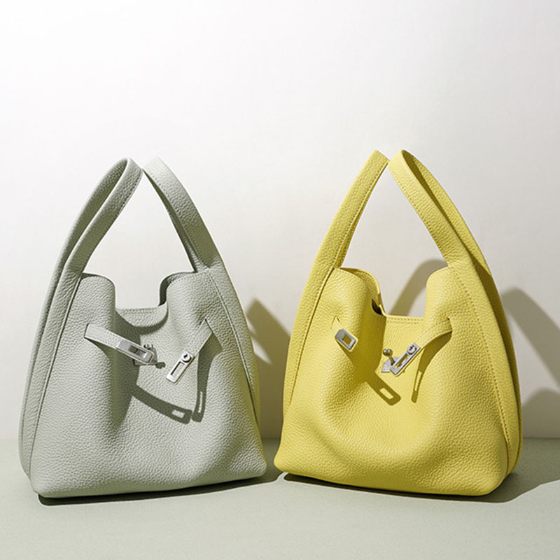 Women's Full-Grain Leather Pebbled Turn-Lock Crossbody Strap Bucket Bags