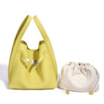 Women's Full-Grain Leather Pebbled Turn-Lock Crossbody Strap Bucket Bags