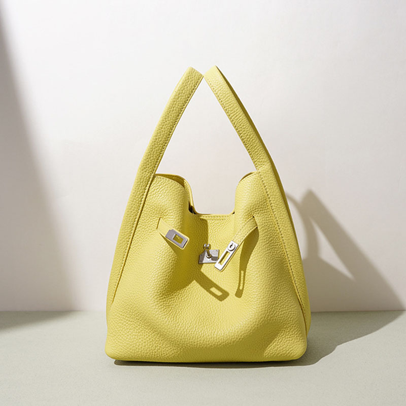 Women's Full-Grain Leather Pebbled Turn-Lock Crossbody Strap Bucket Bags
