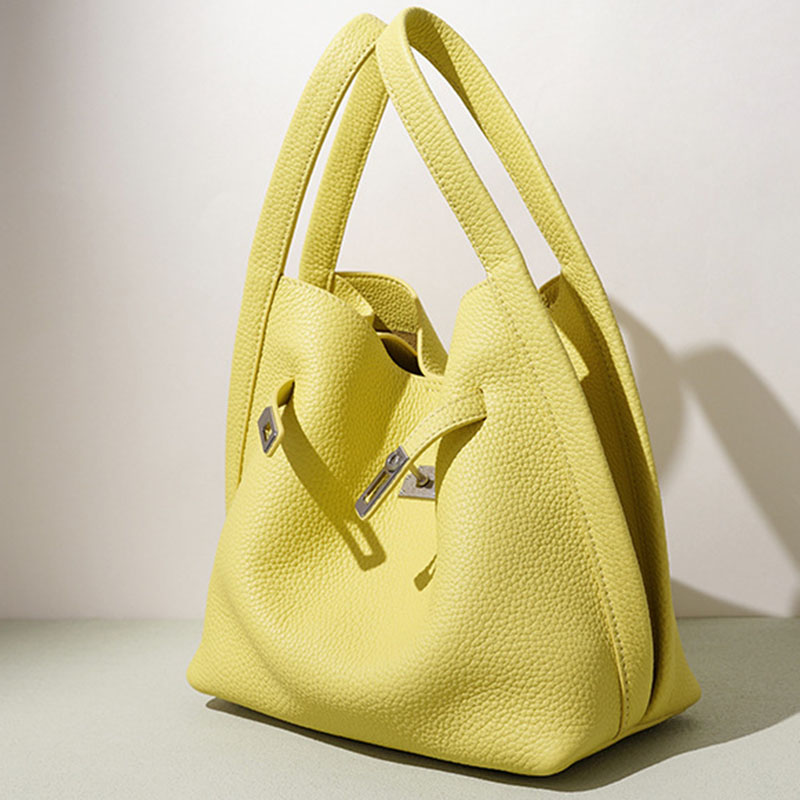 Women's Full-Grain Leather Pebbled Turn-Lock Crossbody Strap Bucket Bags