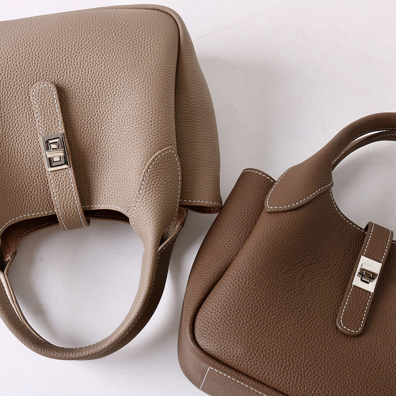 Women's Full-Grain Leather Pebbled Shoulder Crossbody Bucket Handbag