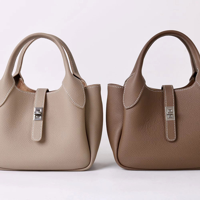 Women's Full-Grain Leather Pebbled Shoulder Crossbody Bucket Handbag