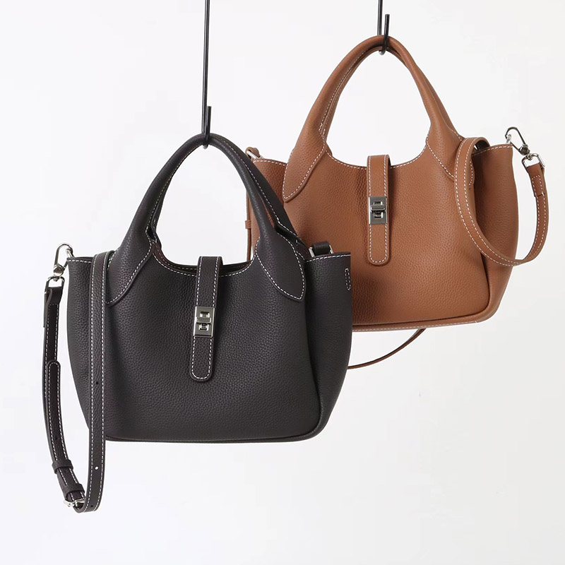 Women's Full-Grain Leather Pebbled Shoulder Crossbody Bucket Handbag