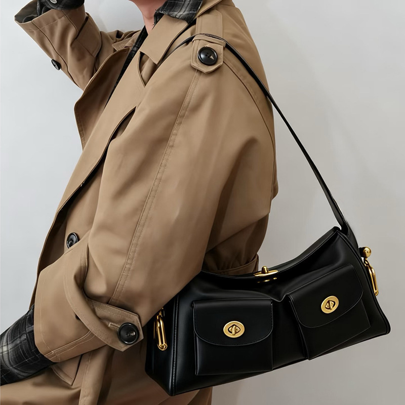 Women's Vegan Leather Structured Flap Lock Pocket Shoulder Bag