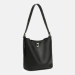 Women's Full-Grain Leather Textured Turn-Lock Shoulder Bucket Bag