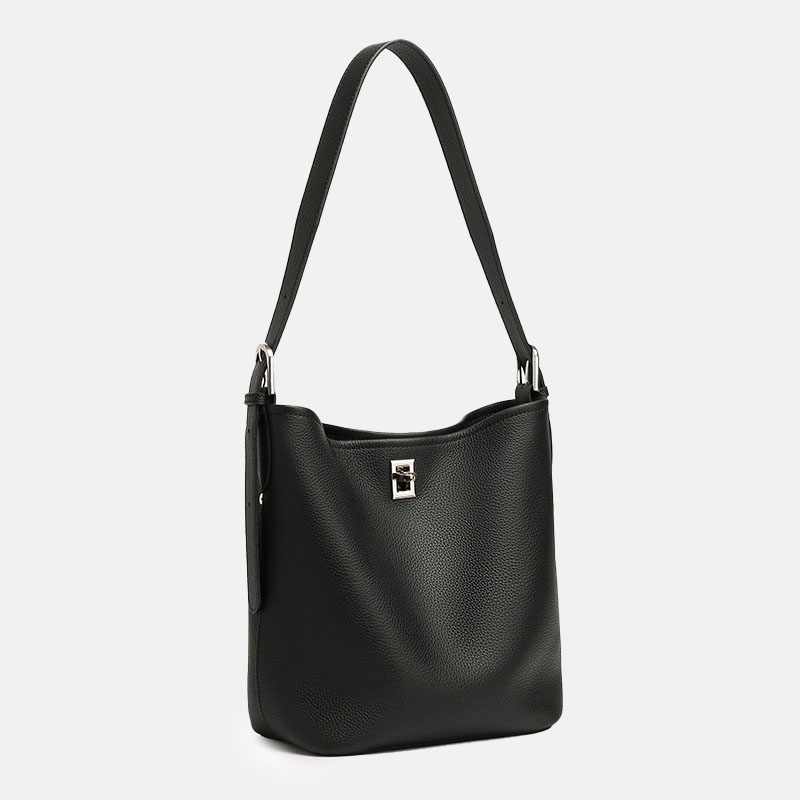 Women's Full-Grain Leather Textured Turn-Lock Shoulder Bucket Bag