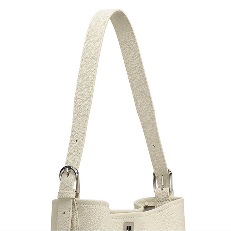 Women's Full-Grain Leather Textured Turn-Lock Shoulder Bucket Bag