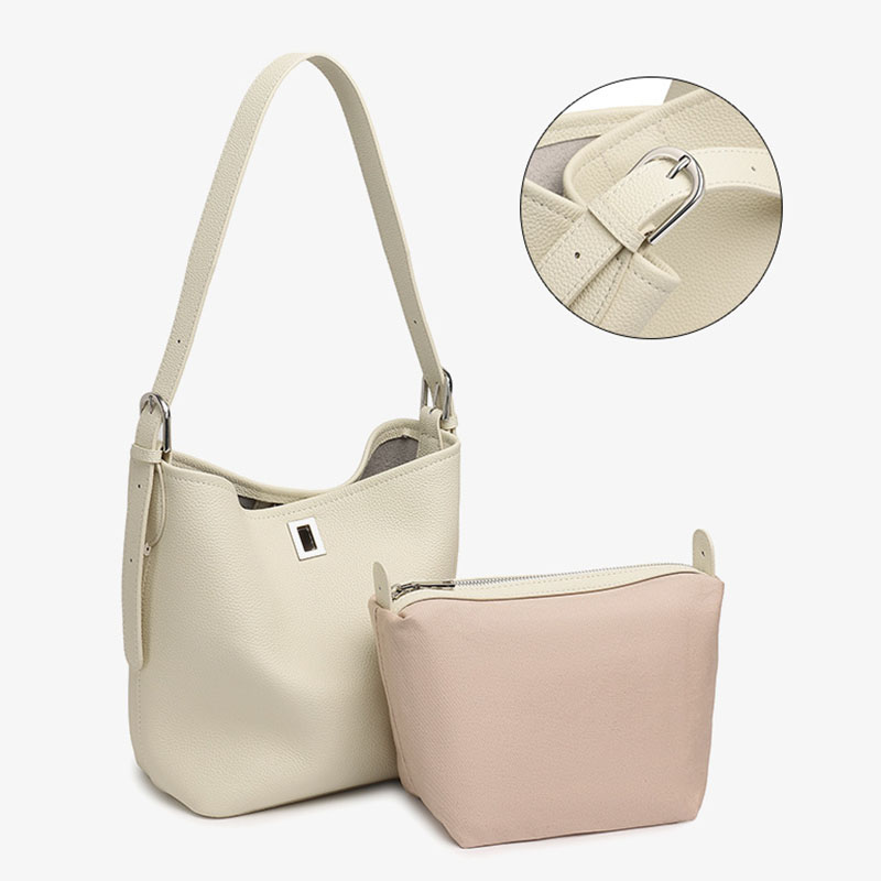Women's Full-Grain Leather Textured Turn-Lock Shoulder Bucket Bag