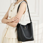 Women's Full-Grain Leather Textured Turn-Lock Shoulder Bucket Bag