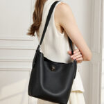 Women's Full-Grain Leather Textured Turn-Lock Shoulder Bucket Bag