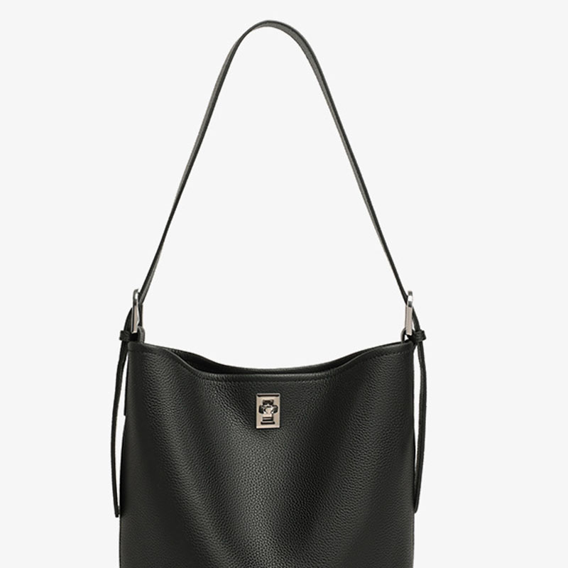 Women's Full-Grain Leather Textured Turn-Lock Shoulder Bucket Bag