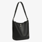Women's Full-Grain Leather Textured Turn-Lock Shoulder Bucket Bag