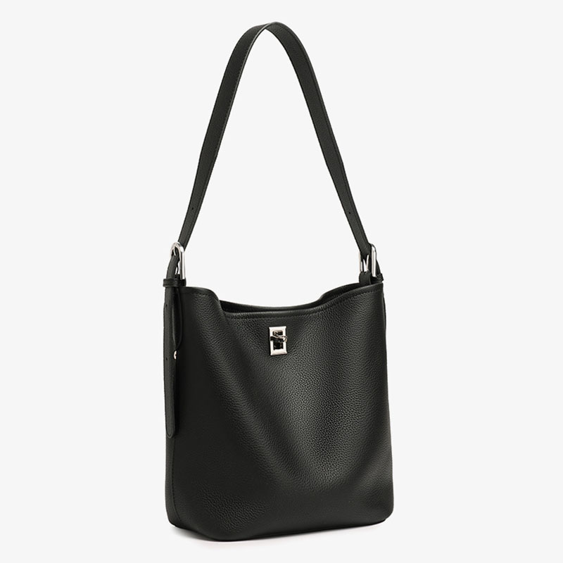 Women's Full-Grain Leather Textured Turn-Lock Shoulder Bucket Bag
