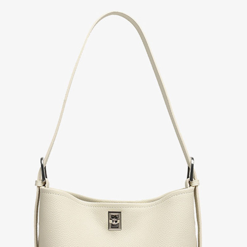 Women's Full-Grain Leather Textured Turn-Lock Shoulder Bucket Bag
