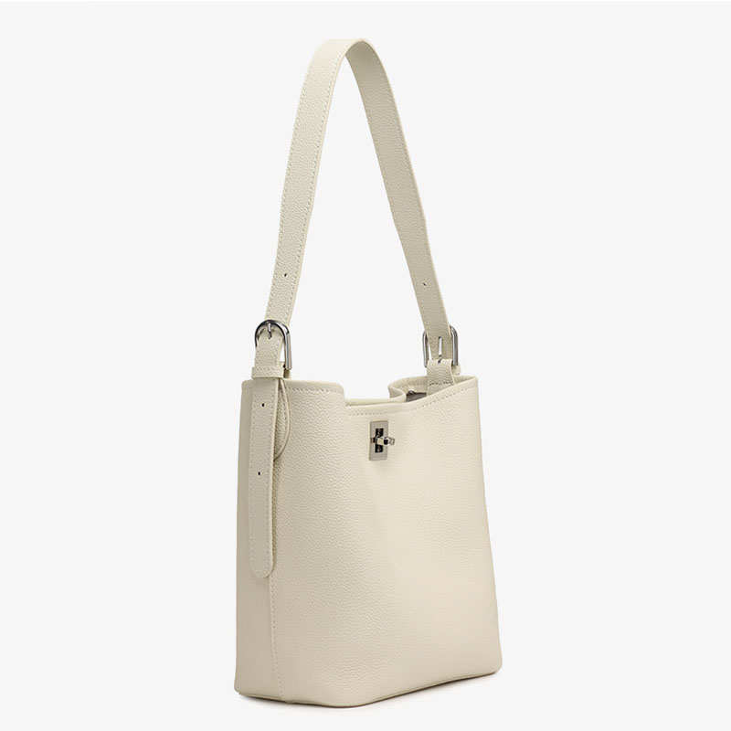 Women's Full-Grain Leather Textured Turn-Lock Shoulder Bucket Bag