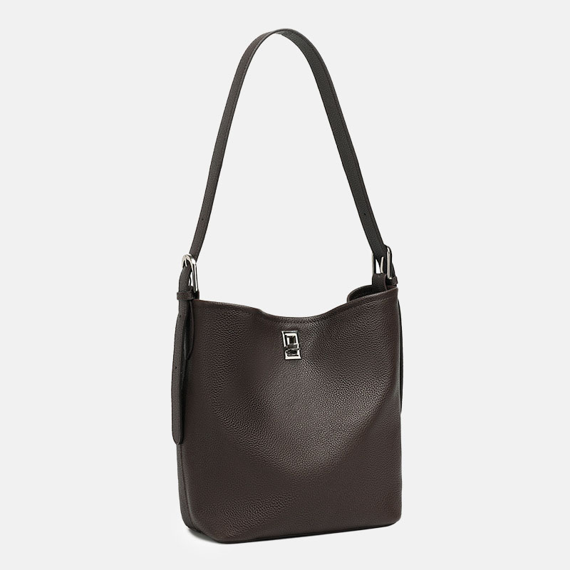Women's Full-Grain Leather Textured Turn-Lock Shoulder Bucket Bag