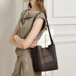 Women's Full-Grain Leather Textured Turn-Lock Shoulder Bucket Bag