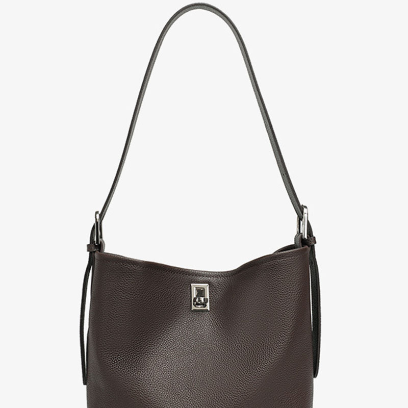 Women's Full-Grain Leather Textured Turn-Lock Shoulder Bucket Bag