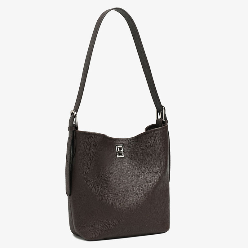 Women's Full-Grain Leather Textured Turn-Lock Shoulder Bucket Bag