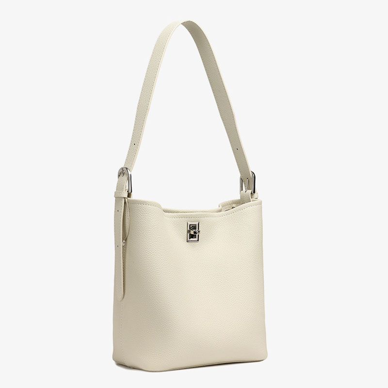 Women's Full-Grain Leather Textured Turn-Lock Shoulder Bucket Bag