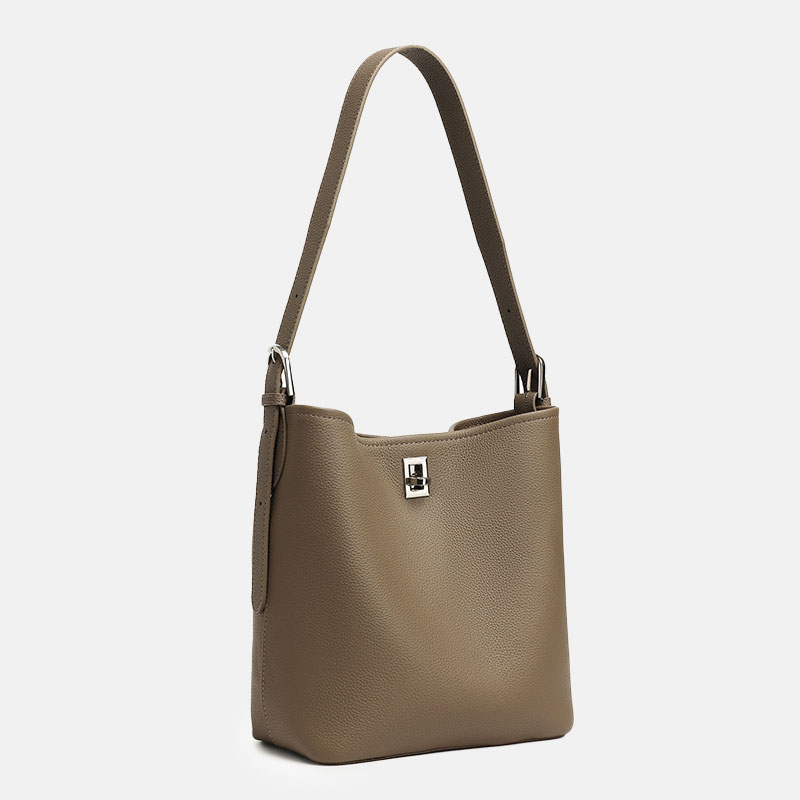Women's Full-Grain Leather Textured Turn-Lock Shoulder Bucket Bag