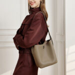 Women's Full-Grain Leather Textured Turn-Lock Shoulder Bucket Bag