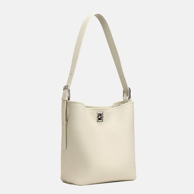 Women's Full-Grain Leather Textured Turn-Lock Shoulder Bucket Bag