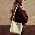 Women's Full-Grain Leather Textured Turn-Lock Shoulder Bucket Bag
