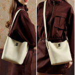 Women's Full-Grain Leather Textured Turn-Lock Shoulder Bucket Bag