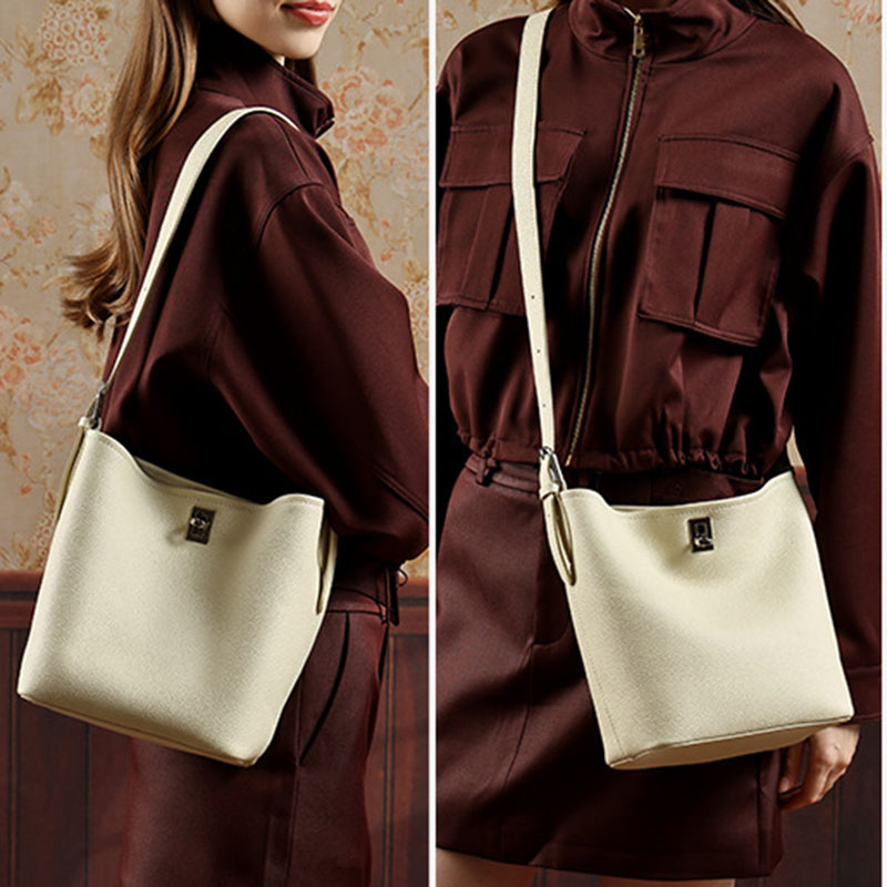 Women's Full-Grain Leather Textured Turn-Lock Shoulder Bucket Bag