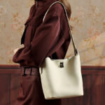 Women's Full-Grain Leather Textured Turn-Lock Shoulder Bucket Bag