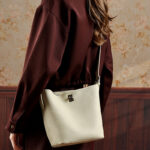 Women's Full-Grain Leather Textured Turn-Lock Shoulder Bucket Bag