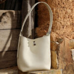 Women's Full-Grain Leather Textured Turn-Lock Shoulder Bucket Bag