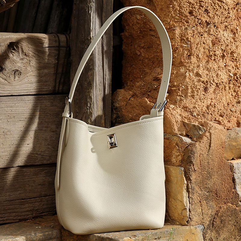 Women's Full-Grain Leather Textured Turn-Lock Shoulder Bucket Bag