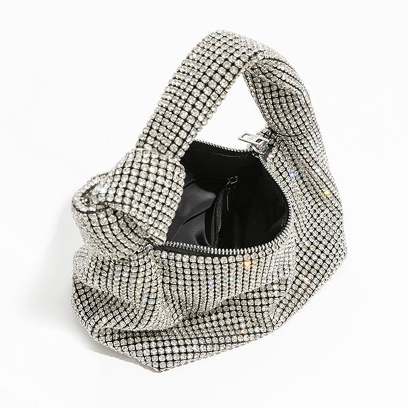 Women's Silver Rhinestone Knotted Top Handle Clutch Bag