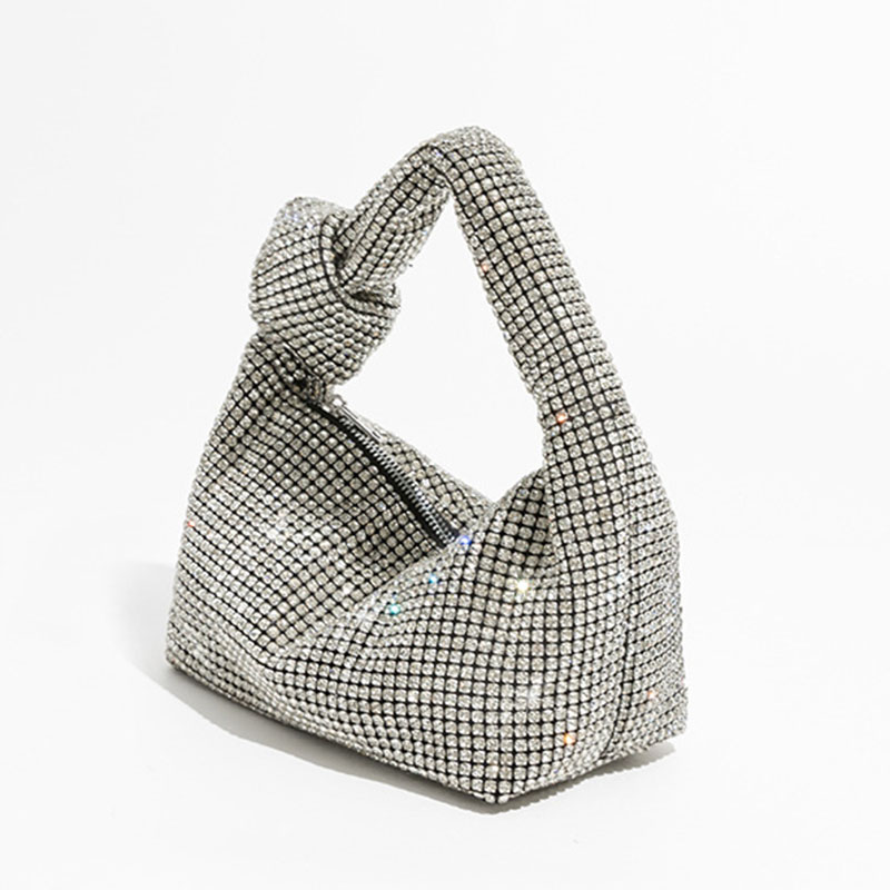 Women's Silver Rhinestone Knotted Top Handle Clutch Bag