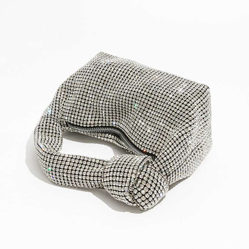 Women's Silver Rhinestone Knotted Top Handle Clutch Bag