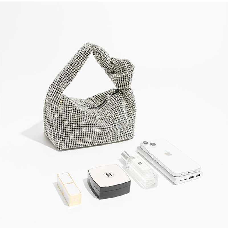 Women's Silver Rhinestone Knotted Top Handle Clutch Bag