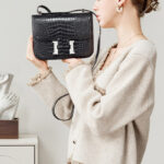 Women's Full-Grain Leather Croc Print H-Lock Crossbody Bag