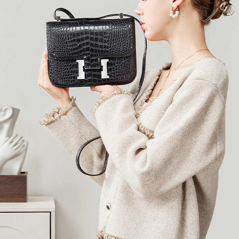 Women's Full-Grain Leather Croc Print H-Lock Crossbody Bag
