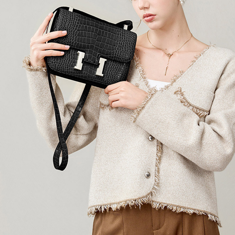 Women's Full-Grain Leather Croc Print H-Lock Crossbody Bag