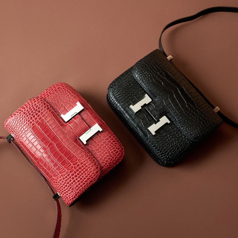 Women's Full-Grain Leather Croc Print H-Lock Crossbody Bag